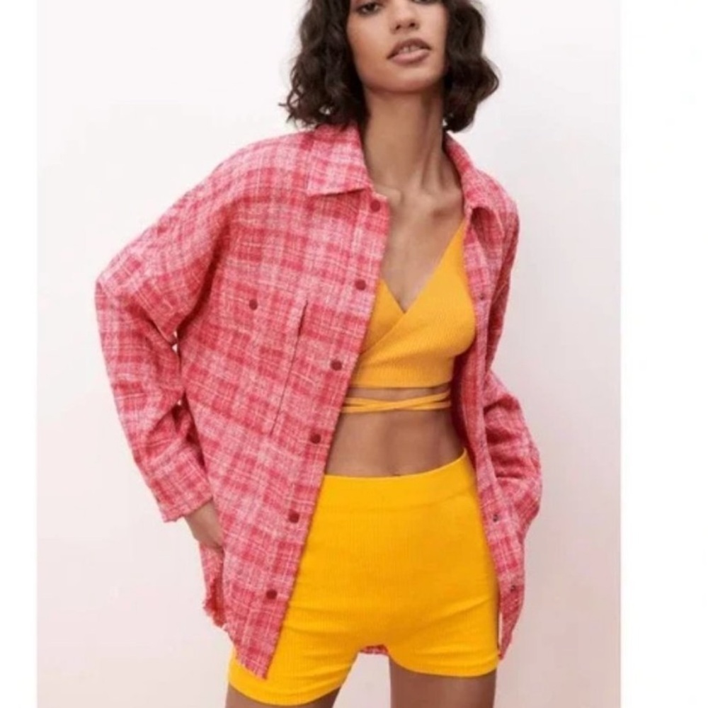 Zara Tweed Textured Woven Plaid Frayed Overshirt Shacket Shirt Jacket Pink Red S